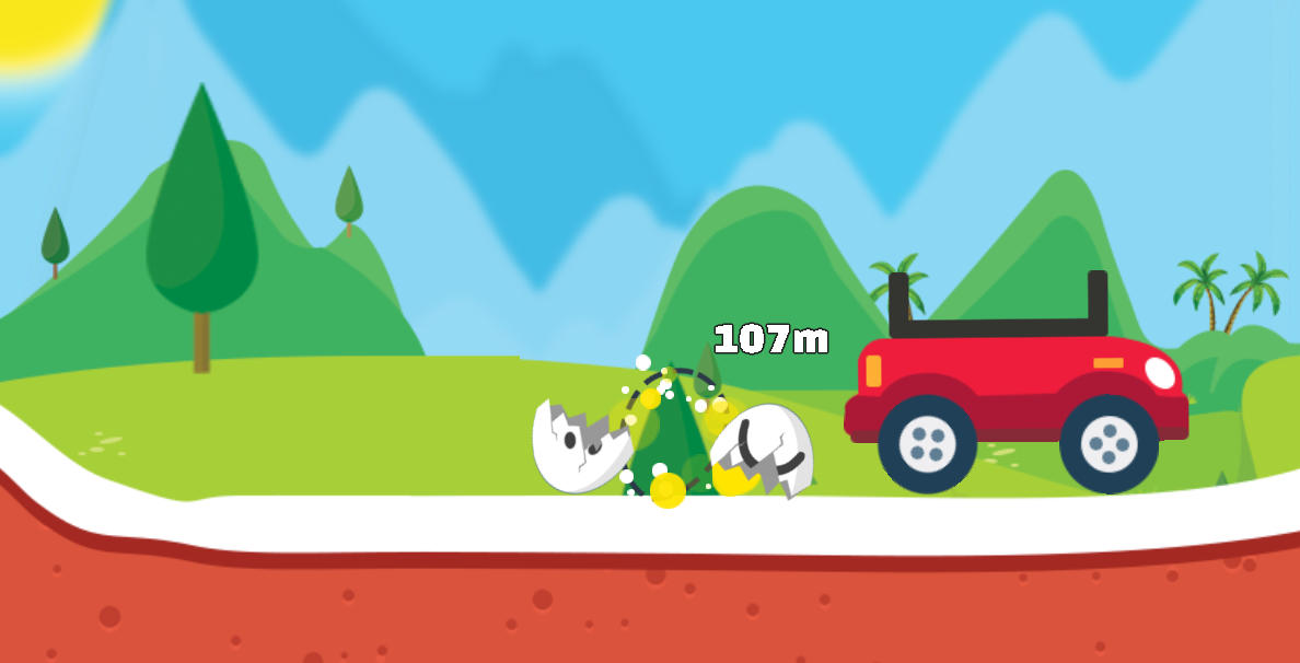 Eggy Car에서 107m를 달린 뒤 달걀이 자동차에서 떨어져 깨진 화면