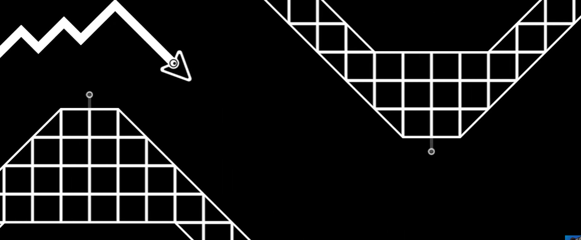 Geometry Arrow 2에서 동굴 장애물 사이를 지그재그로 움직이는 화살표