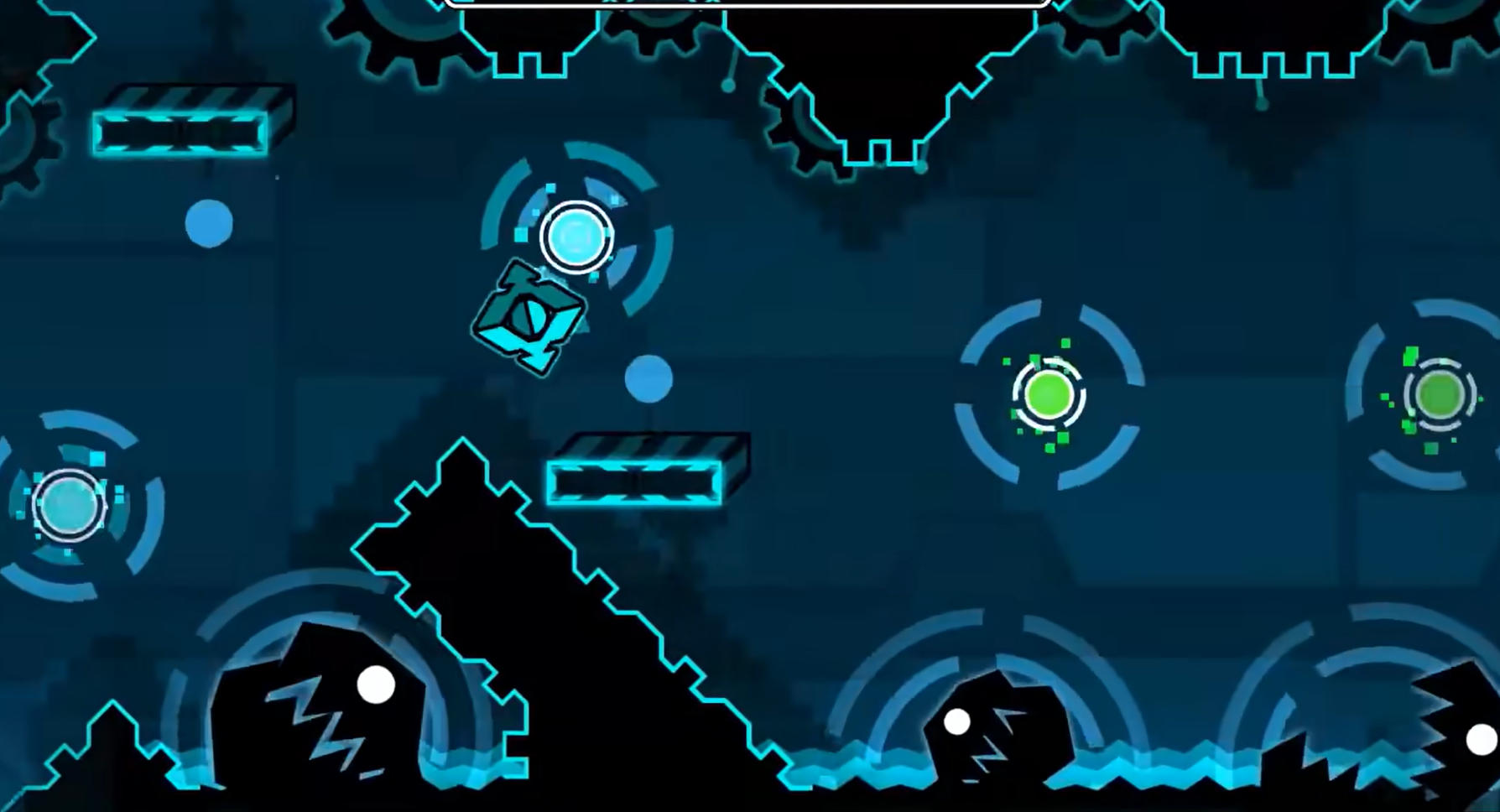 Geometry Dash Deadlocked의 포털과 장애물 구간