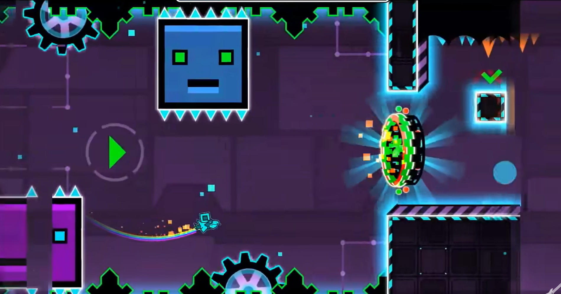 Geometry Dash Deadlocked에서 큐브가 스파이크와 함정을 피하는 장면