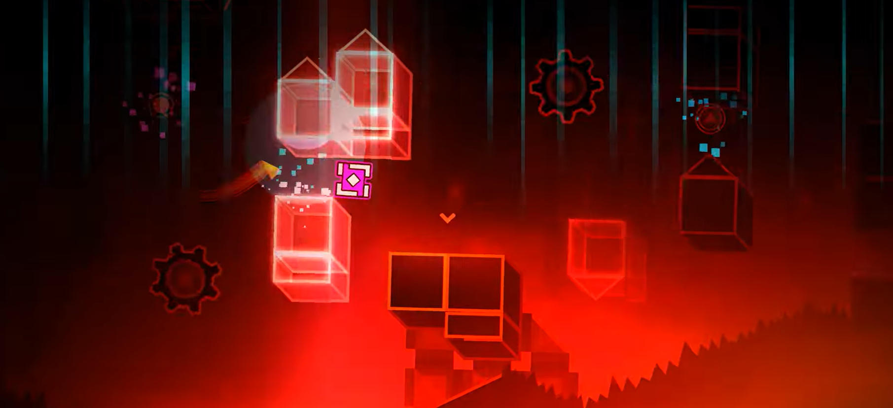 Geometry Dash Infinity의 붉은 미로에서 톱니와 가시를 피하는 큐브