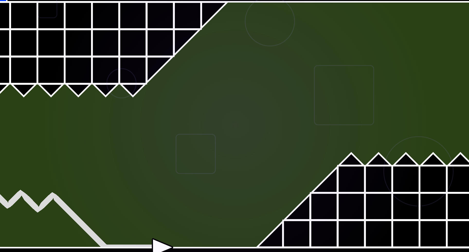 Geometry Vibes에서 초록색 가시 통로를 비행하는 웨이브 화살표