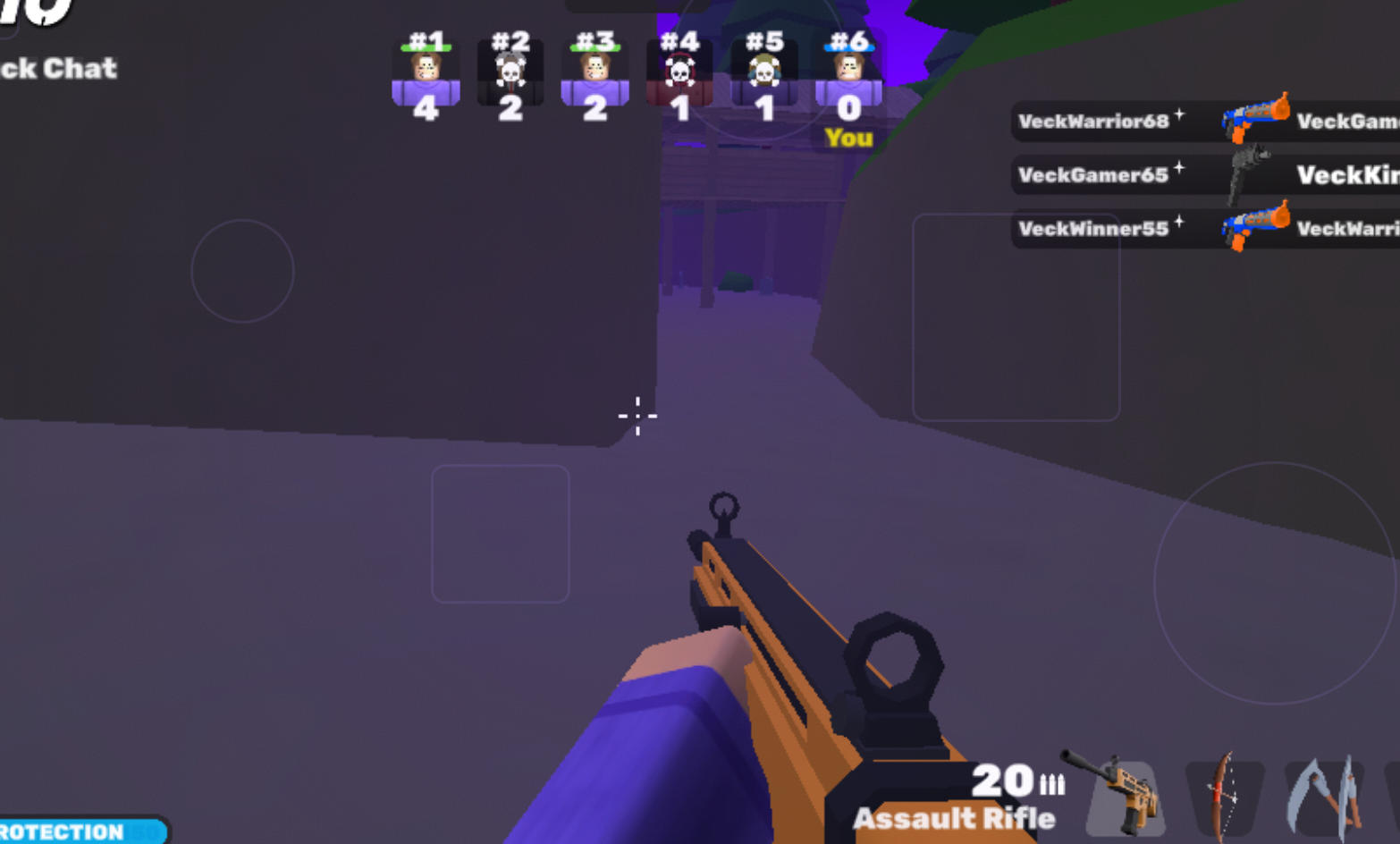 Veck.io 멀티플레이 매치에서 돌격소총으로 조준하는 전투 화면